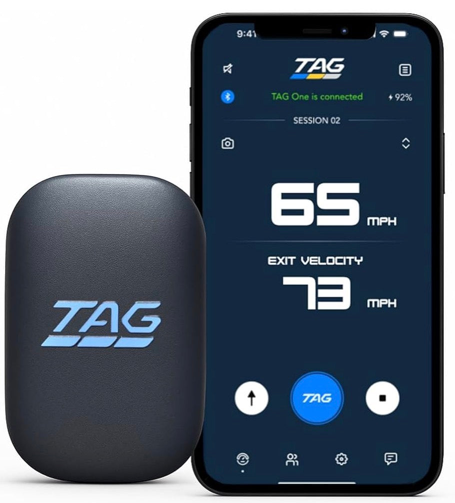 TAG One Sports Radar (alcance de 120 pies) - Pistola de velocidad con radar impulsada por IA con comentarios de entrenamiento en tiempo real - Dispositivo de entrenamiento de velocidad Bluetooth para béisbol, softbol y golf con integración de aplicaciones